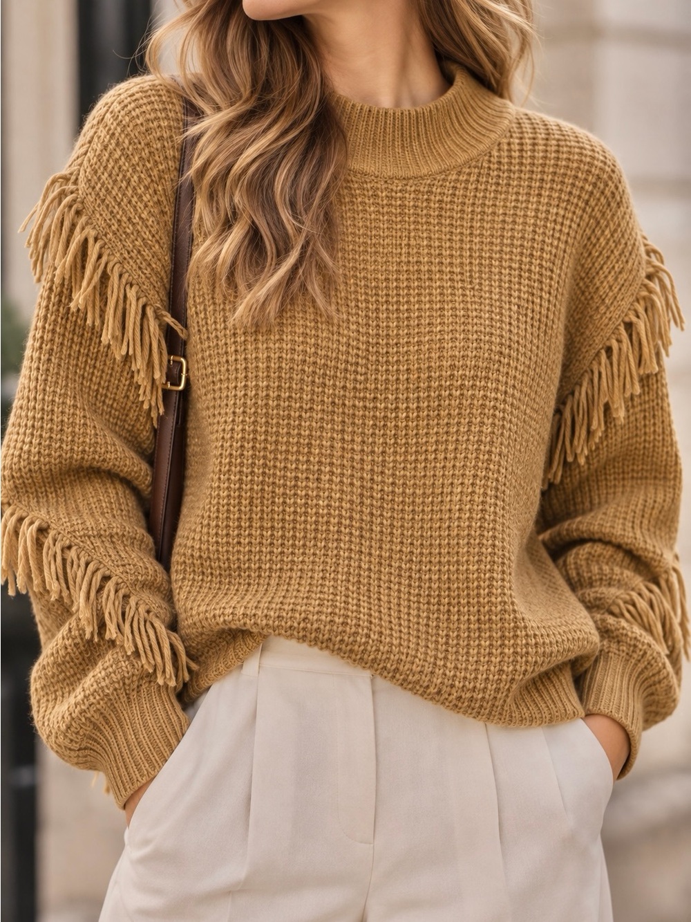 Michael Michael Kors Camel Fringe Textured Knit Sweater Size L